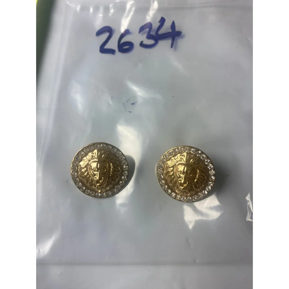 Gold Lion Head Stud Earrings Rhinestone Halo Round Statement Jewelry 2634